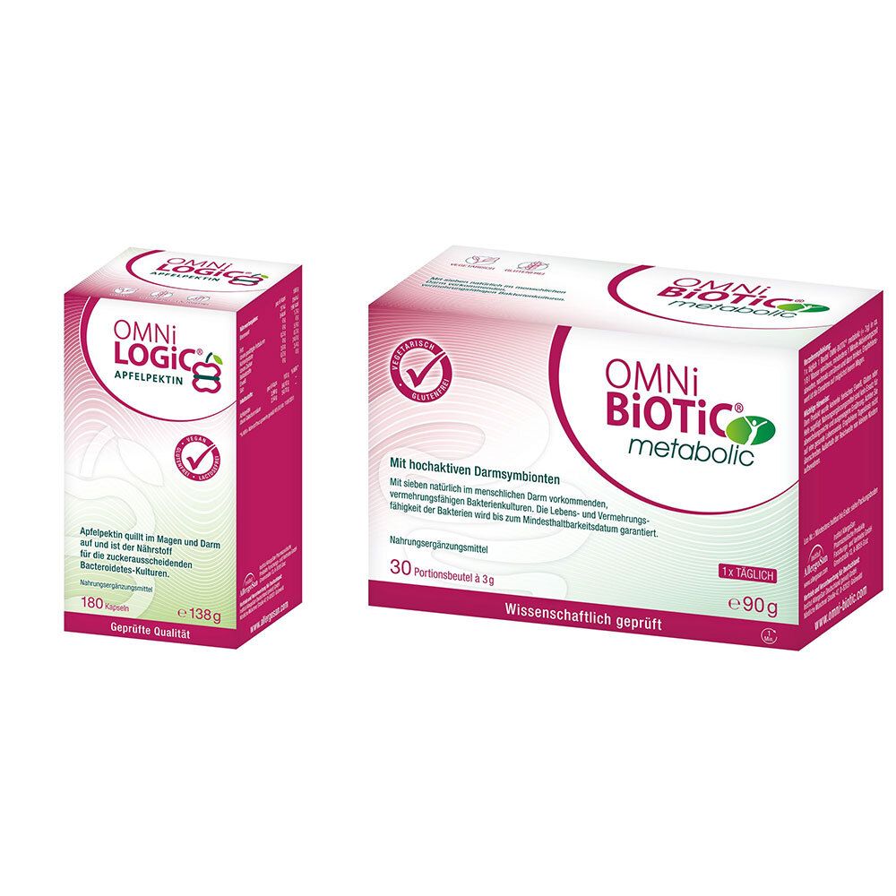 Zwei Packungen OMNi-LOGiC Apfelpektin und OMNi-BiOTiC metabolic. Beide in pink-weißem Design mit Logos und Produktinformationen.