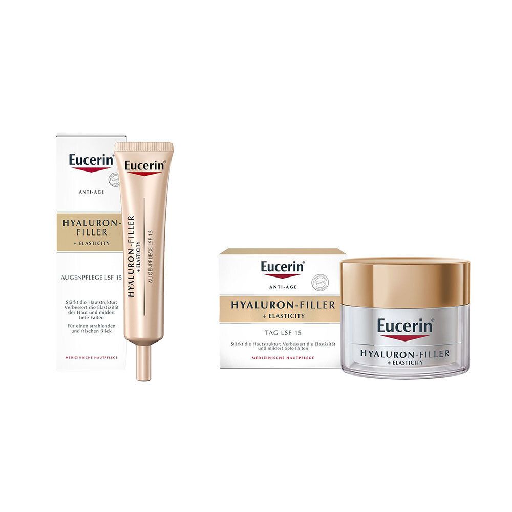 Drei Eucerin Produkte: Augenpflege, Tagespflege und Creme. Verpackungen mit Produktnamen und Markennamen.
