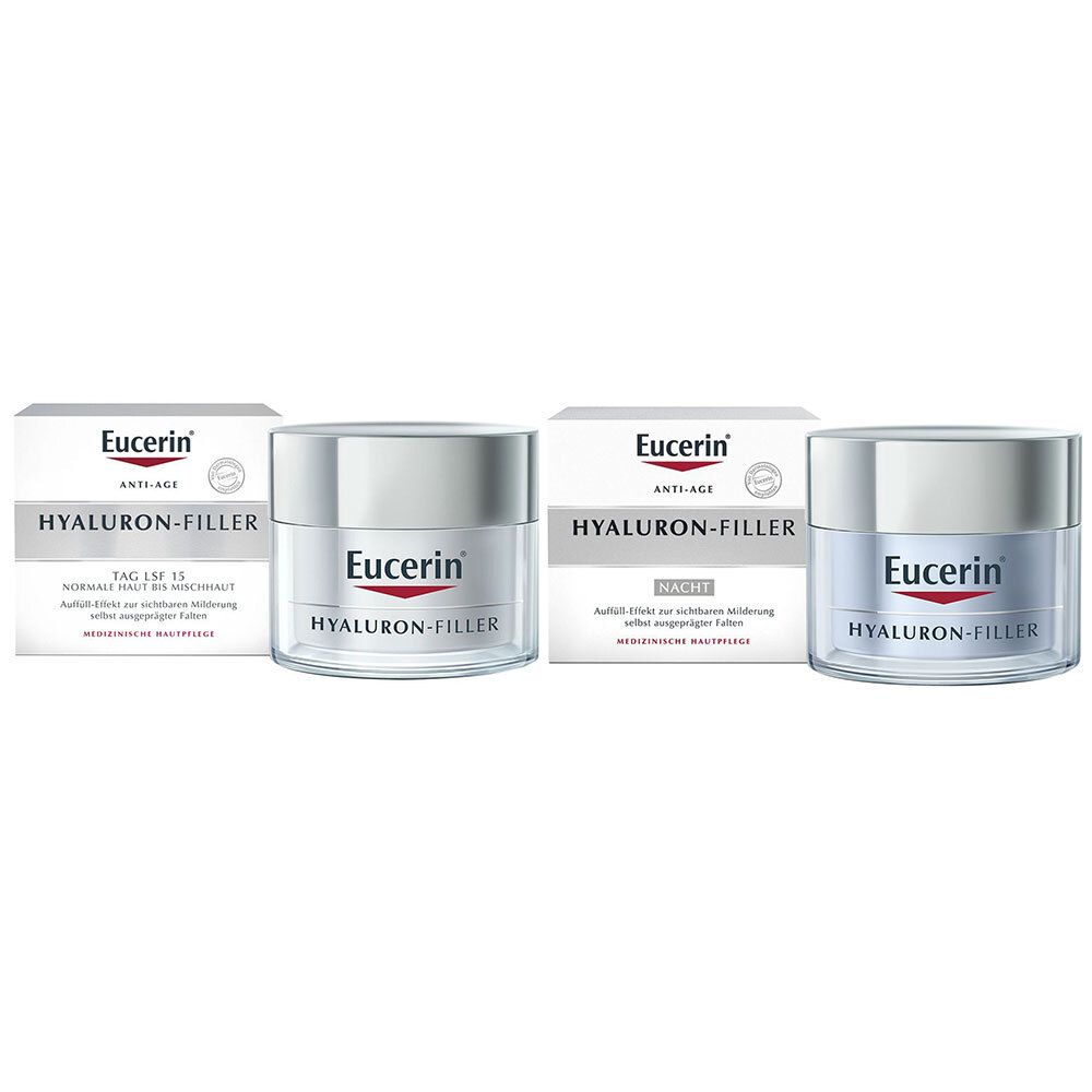 Zwei Cremes mit Verpackungen. Auf den Verpackungen und Cremes steht "Eucerin Hyaluron-Filler". Eine Creme ist für den Tag, die andere für die Nacht.