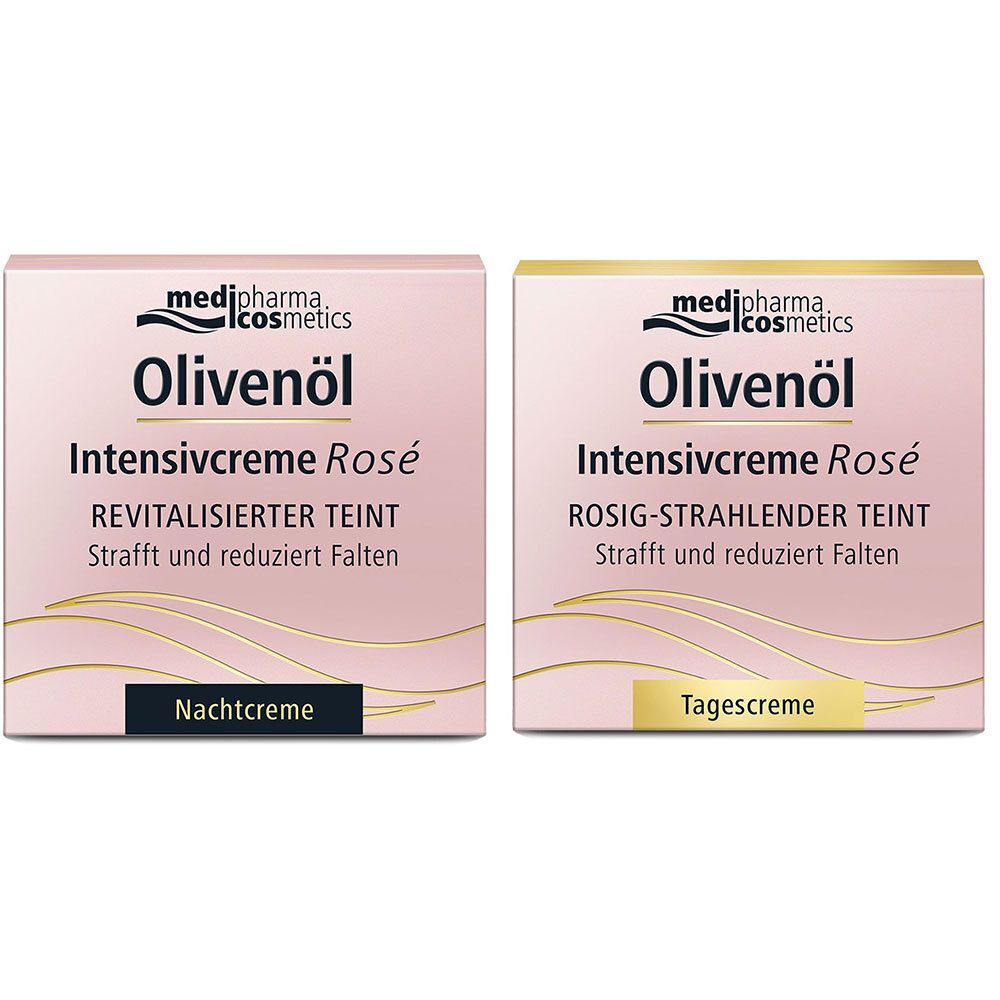 Zwei Kosmetikverpackungen. Aufschrift: Olivenöl Intensivcreme Rosé. Eine für Nachtcreme, eine für Tagescreme.