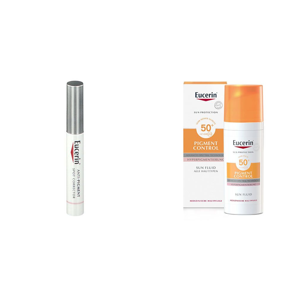 Stylo correcteur et fluide solaire. Les deux produits portent la marque Eucerin. Le stylo correcteur est argenté. Le fluide solaire a un bouchon orange.