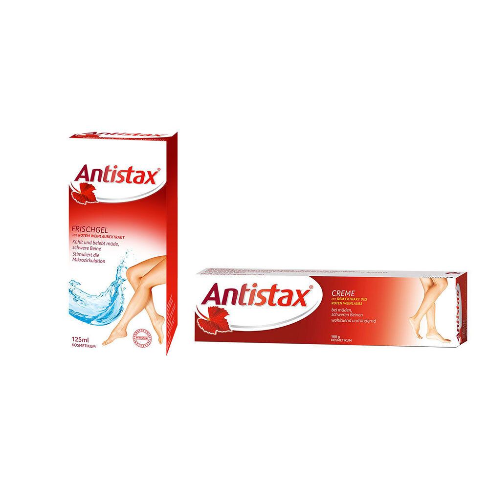 Zwei Verpackungen von Antistax. Eine Schachtel mit Frischgel, eine Tube mit Creme. Beide rot-weiß.
