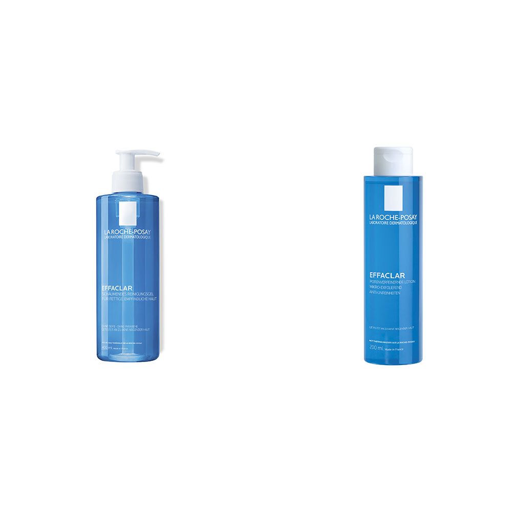Zwei blaue Flaschen. Links: Flasche mit Pumpe, Aufschrift EFFACLAR. Rechts: Flasche mit weißem Deckel, Aufschrift EFFACLAR.