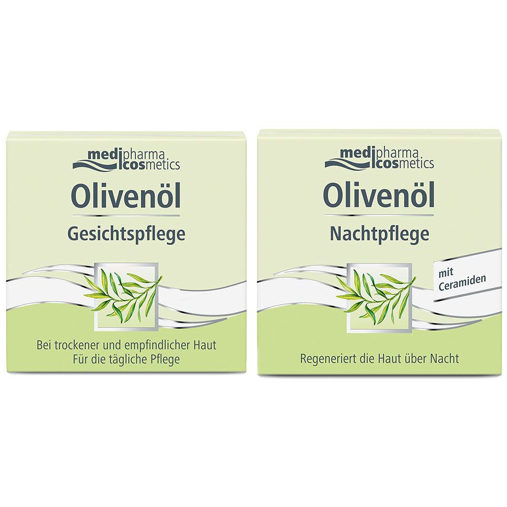 Zwei quadratische Faltschachteln. Aufschrift: medipharma cosmetics Olivenöl Gesichtspflege und Nachtpflege. Mit Olivenzweig-Symbol.