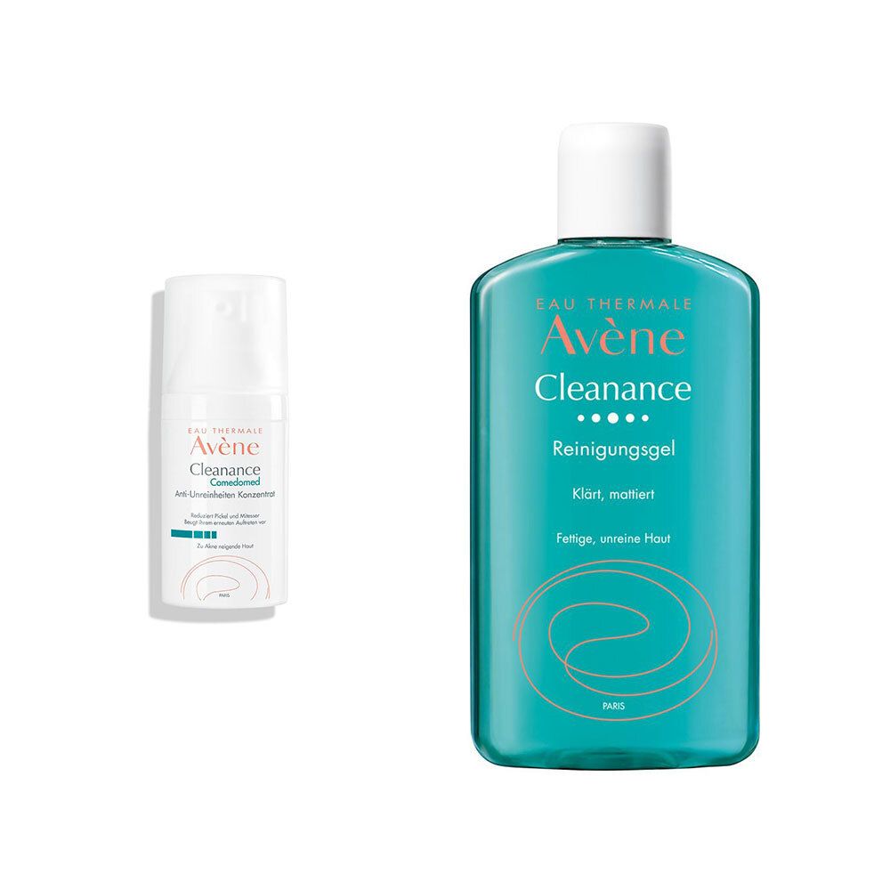 Deux produits de soin de la peau. À gauche : flacon blanc avec Avène Cleanance. À droite : flacon turquoise avec bouchon blanc, Avène Cleanance Reinigungsgel.