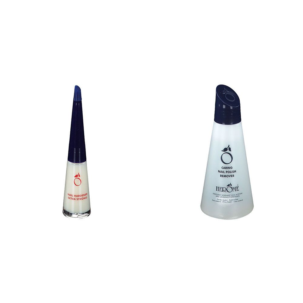 Zwei Flaschen. Links: Nagelhärter mit blauem Deckel. Rechts: Nagellackentferner mit blauem Deckel. Beide mit Logo und Schriftzug.