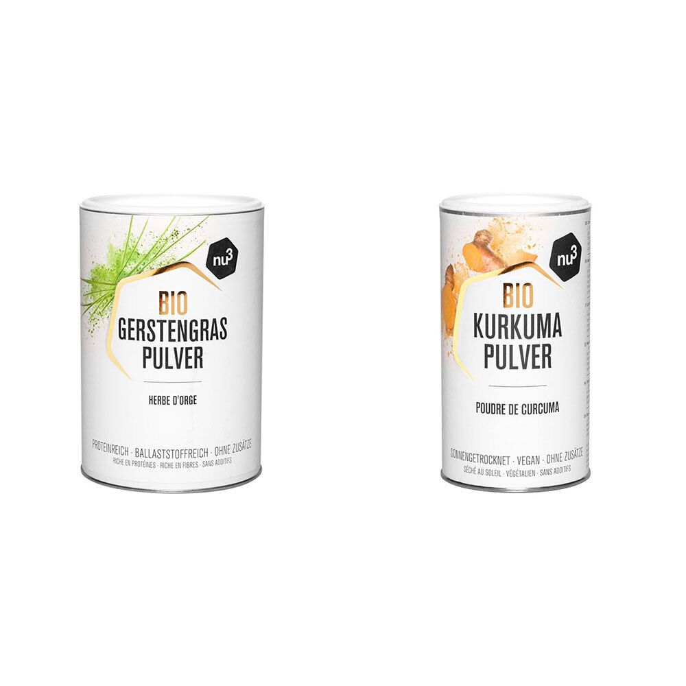 Zwei zylindrische Dosen. Eine Dose mit "BIO Gerstengras Pulver" und die andere mit "BIO Kurkuma Pulver". Beide Dosen haben das Logo "nu3".
