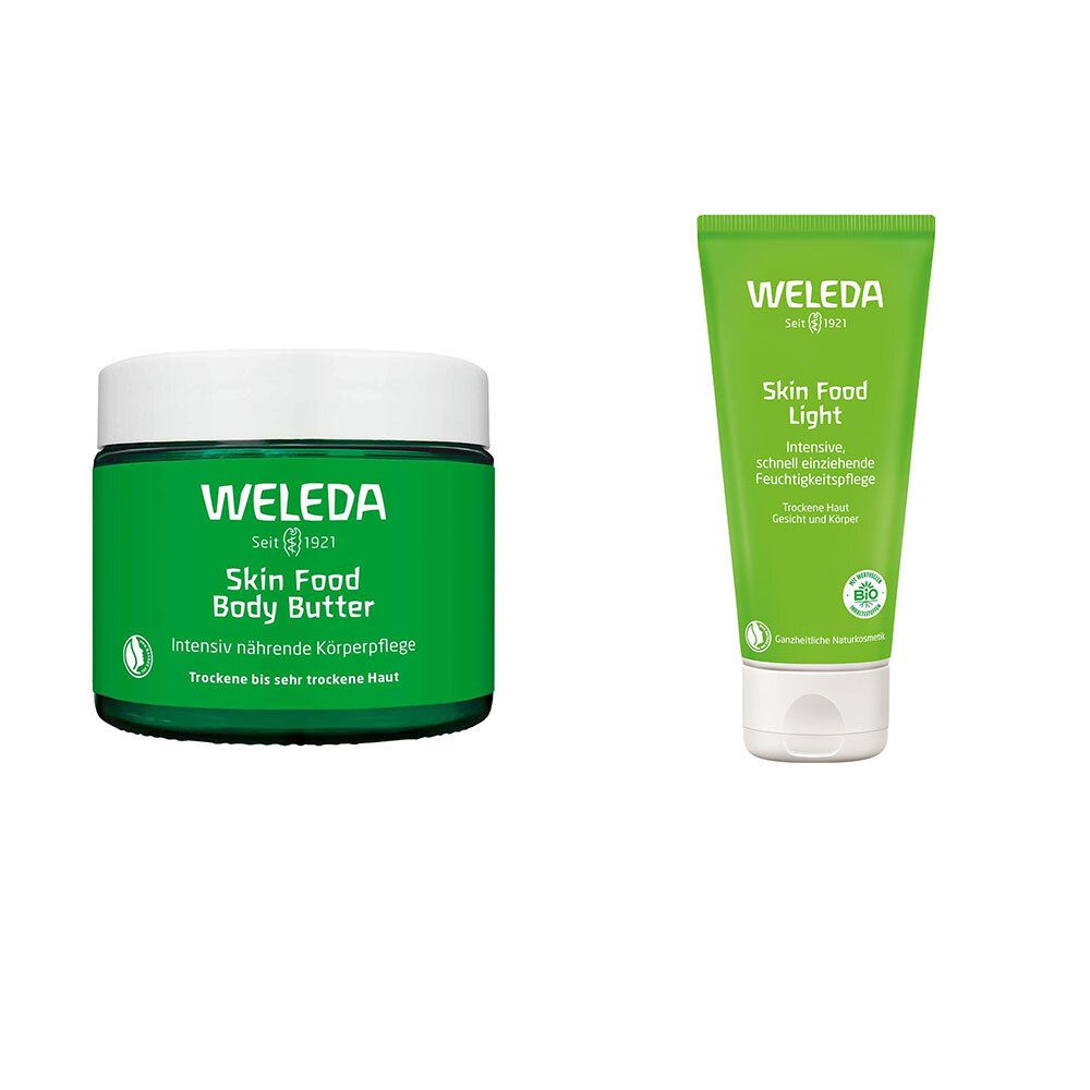 Deux produits : Skin Food Body Butter en pot vert et Skin Food Light en tube vert. Écriture blanche et logo sur les deux.