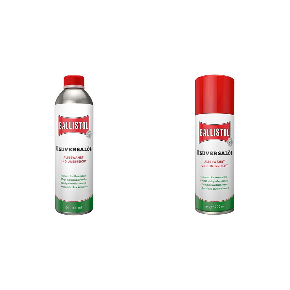 Zwei Behälter von BALLISTOL Universalöl. Links: Flasche mit rotem Deckel. Rechts: Spraydose mit rotem Deckel. Beide mit weißem Etikett und rotem Logo.