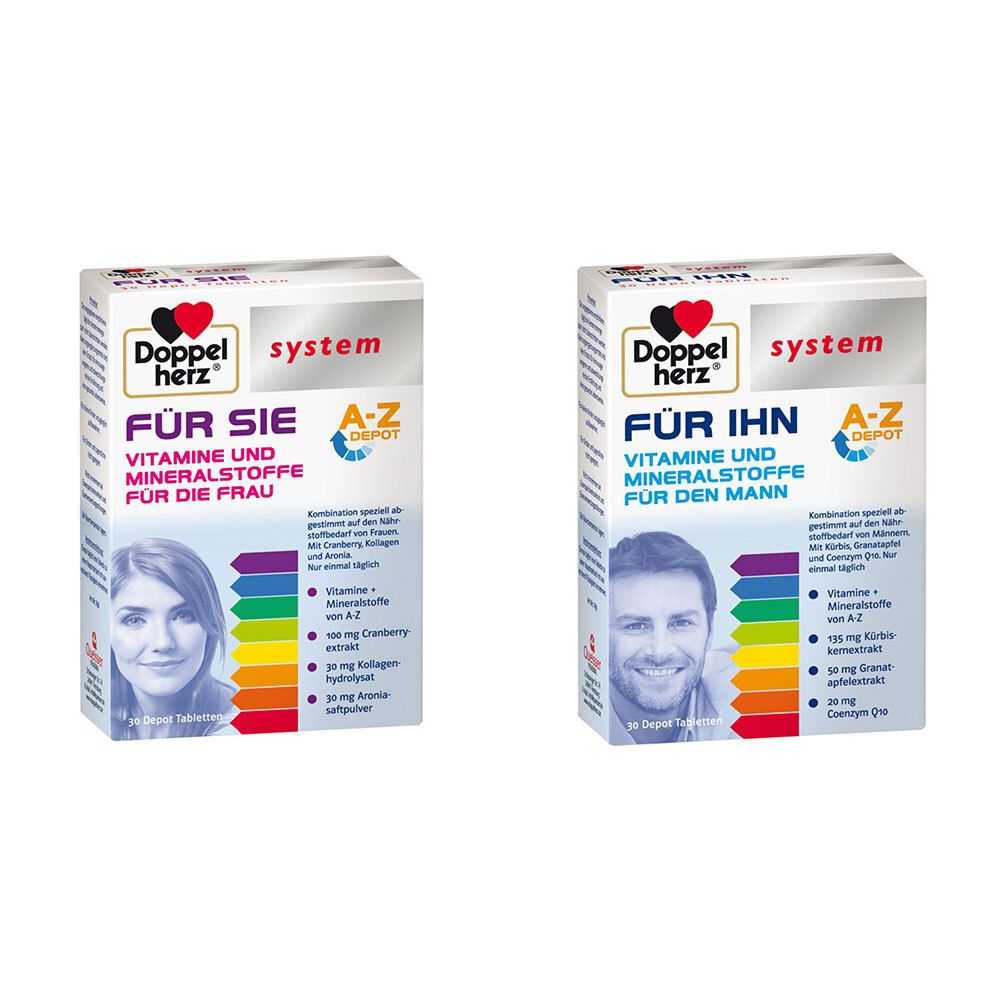 Zwei Schachteln Doppelherz system. Auf der einen steht "Für Sie", auf der anderen "Für Ihn". Beide enthalten Vitamine und Mineralstoffe.