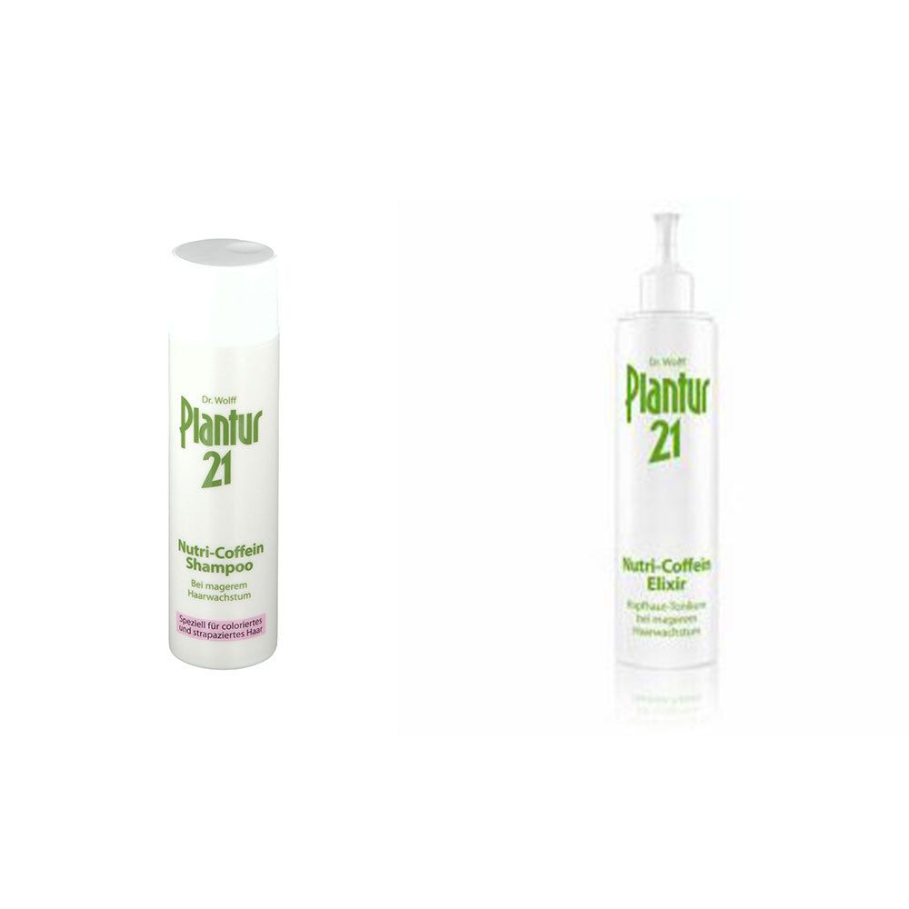 Zwei weiße Flaschen. Links: Shampoo, Aufschrift Plantur 21. Rechts: Elixier, Aufschrift Plantur 21.