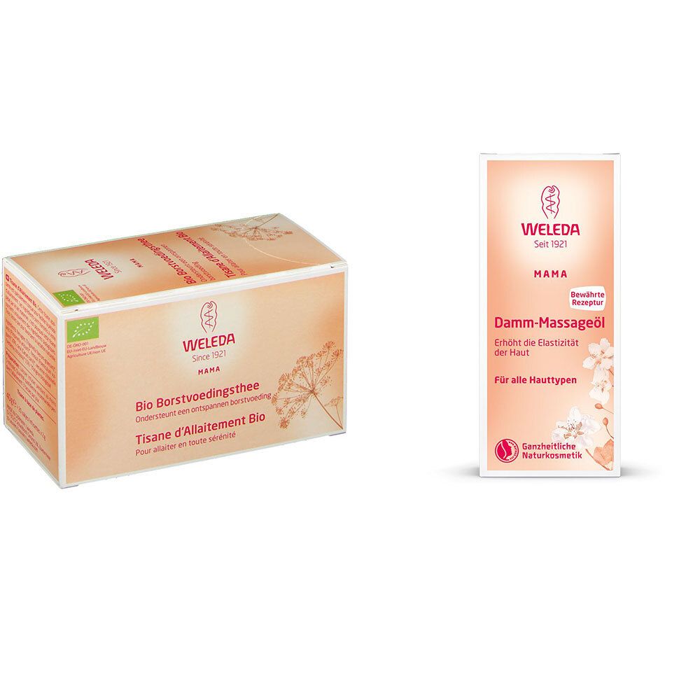 Zwei Produkte: Mama Stilltee in Kartonverpackung und Mama Damm-Massageöl in Flasche. Beide Produkte haben das Weleda-Logo.