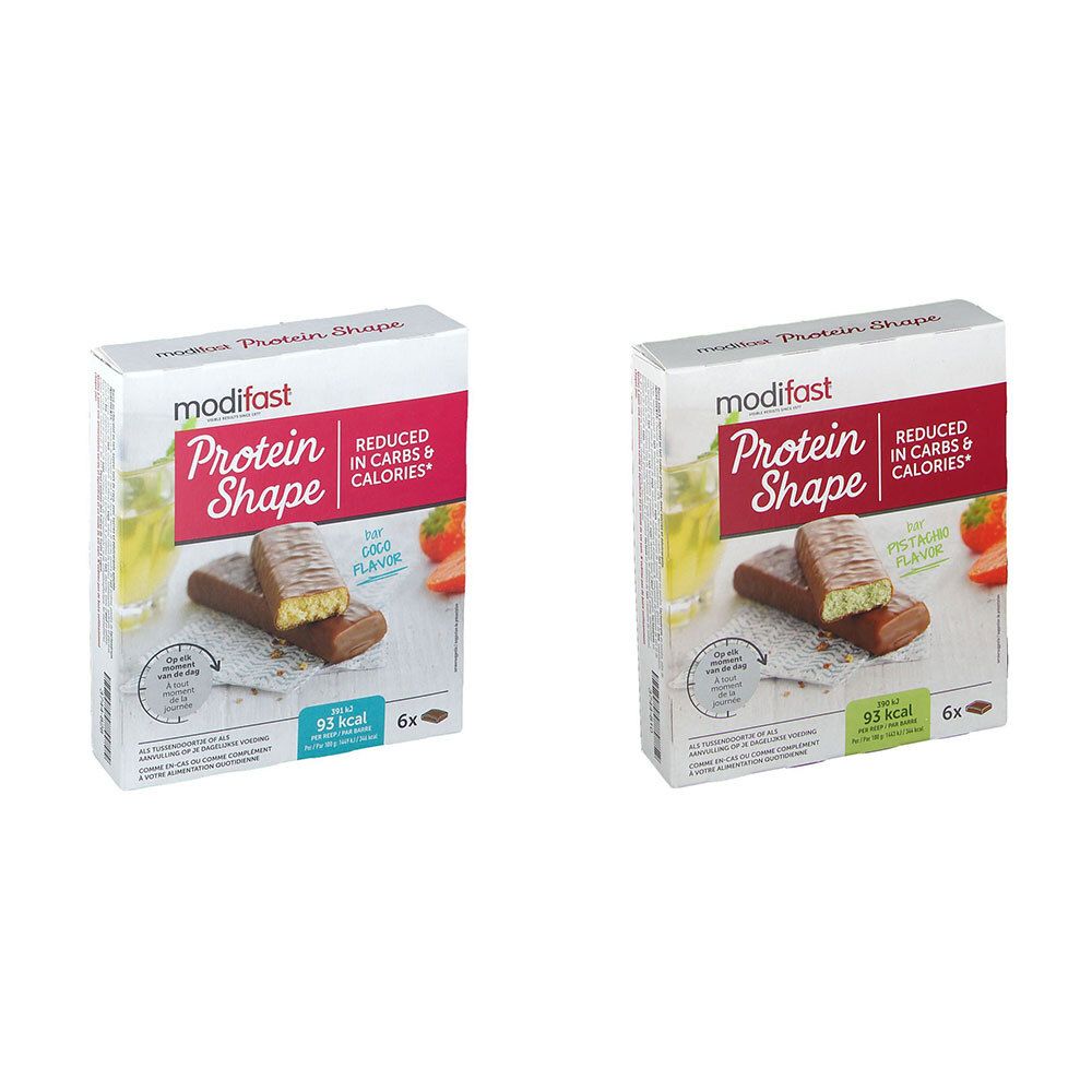 Deux boîtes de barres protéinées Modifast Protein Shape. Inscription : Réduit en glucides et en calories. 6 barres par boîte.