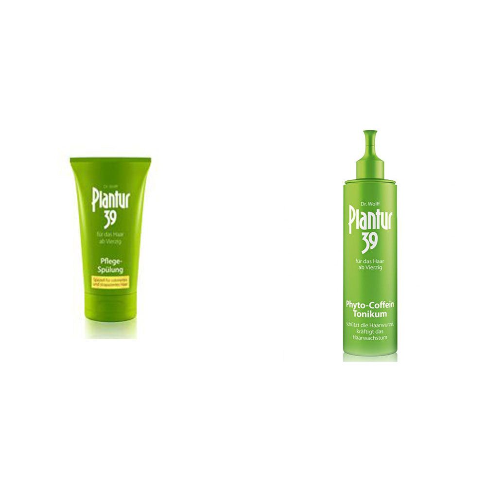 Zwei grüne Flaschen. Links: Tube mit "Plantur 39 Pflege-Spülung". Rechts: Flasche mit "Plantur 39 Phyto-Coffein Tonikum".