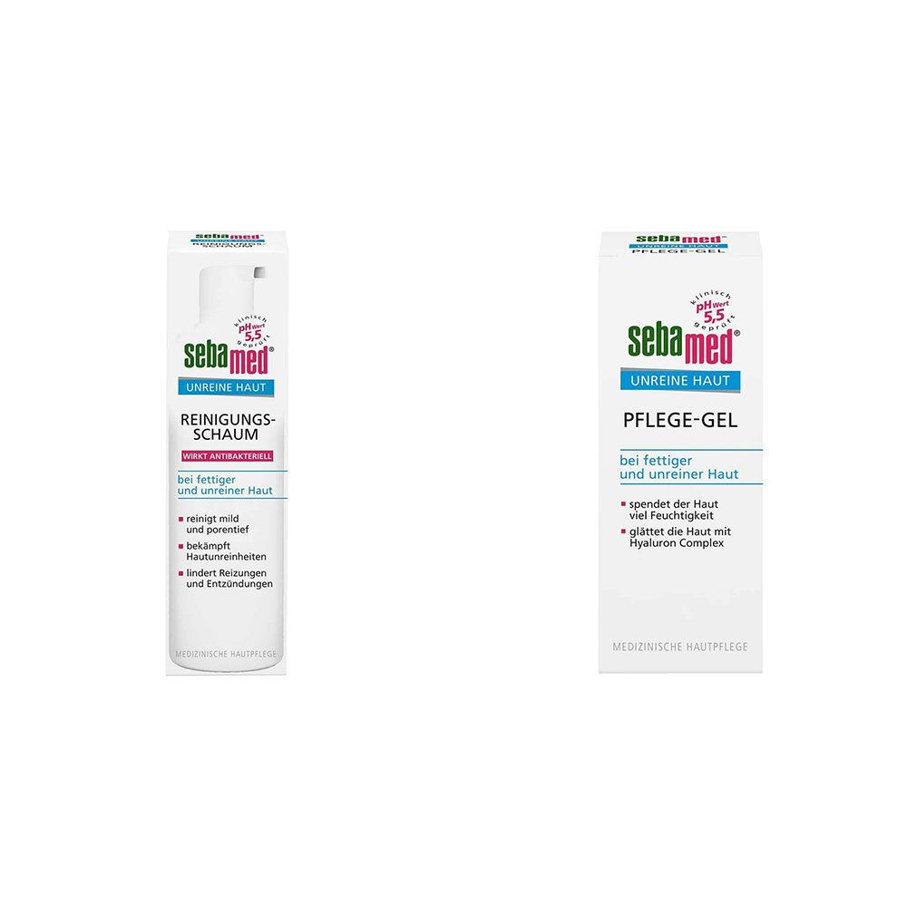 Zwei weiße Produktverpackungen. Links: Reinigungsschaum. Rechts: Pflege-Gel. Beide mit Logo und Produktbezeichnungen.