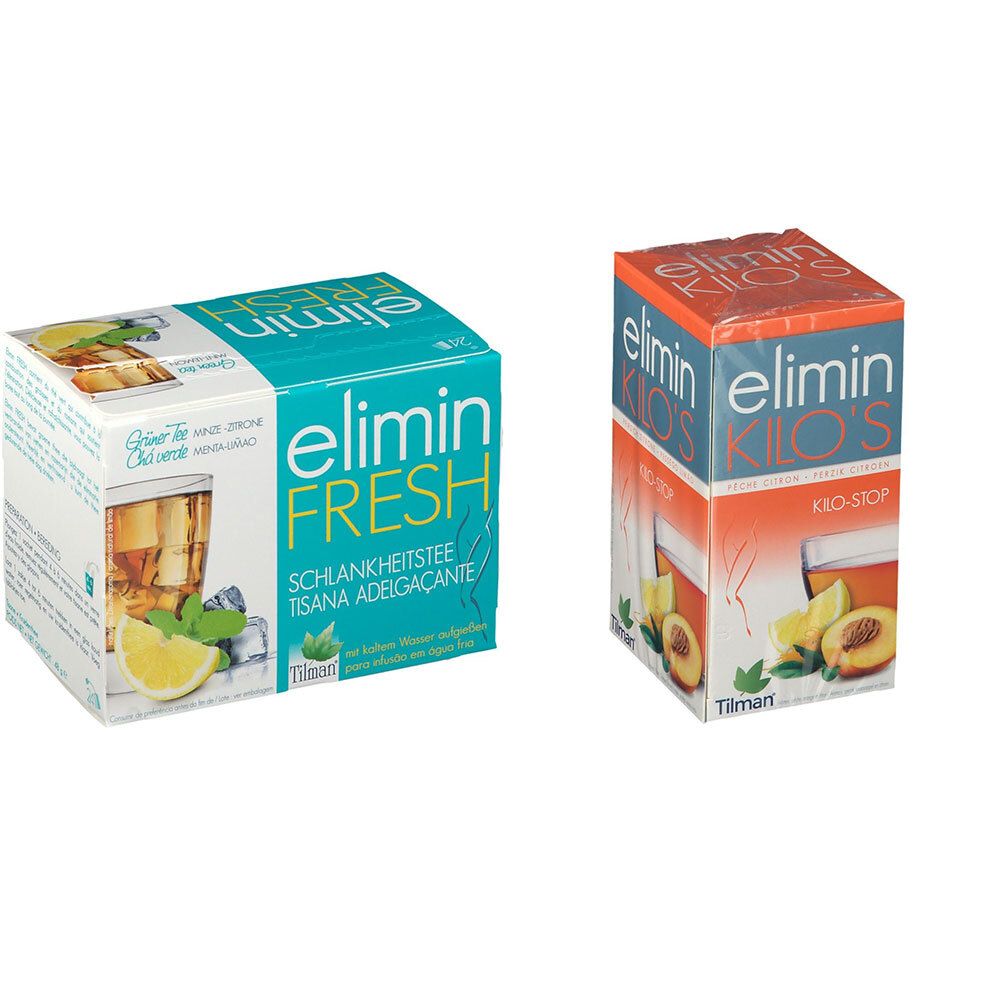 Zwei Kartons mit Aufdrucken. Einer ist blau-grün mit "elimin FRESH", der andere orange mit "elimin KILO'S". Beide zeigen Getränke.