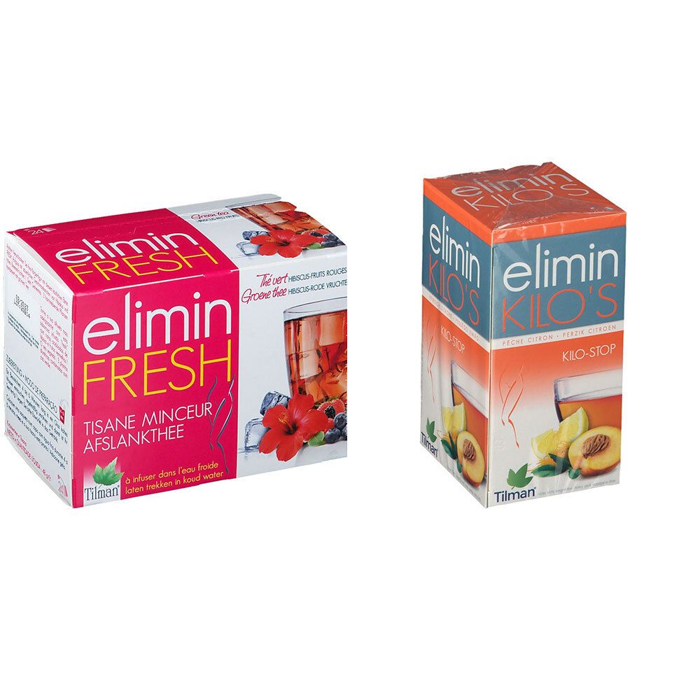 Zwei Kartons mit Aufdrucken. Einer mit "elimin FRESH", der andere mit "elimin KILO'S". Beide zeigen Produktabbildungen.