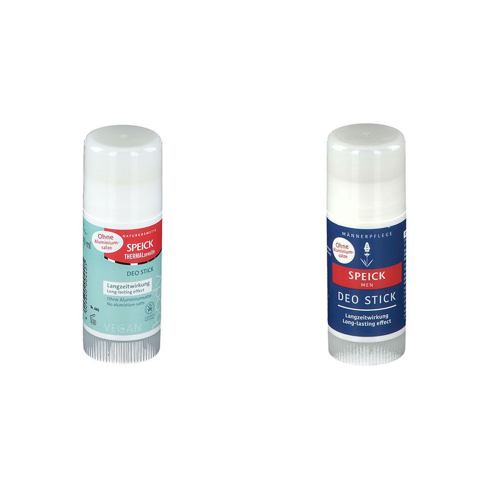 Zwei Deosticks mit weißem Deckel. Links: Türkis-rot-weißes Etikett. Rechts: Blau-rot-weißes Etikett. Beide mit Schriftzug SPEICK DEO STICK.