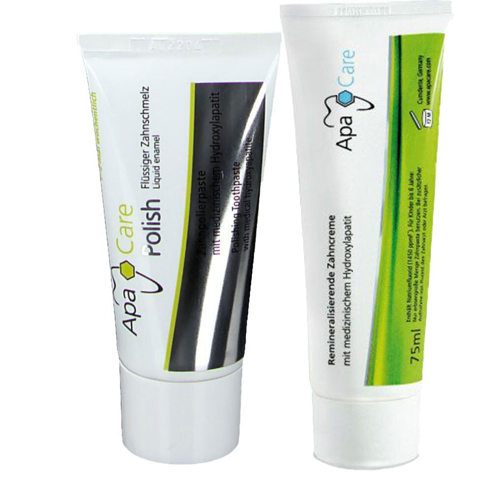 Zwei Tuben ApaCare Zahncreme. Eine Tube Polish, die andere Remineralisierende Zahncreme. Beide mit weißem Hintergrund und grünen Akzenten.