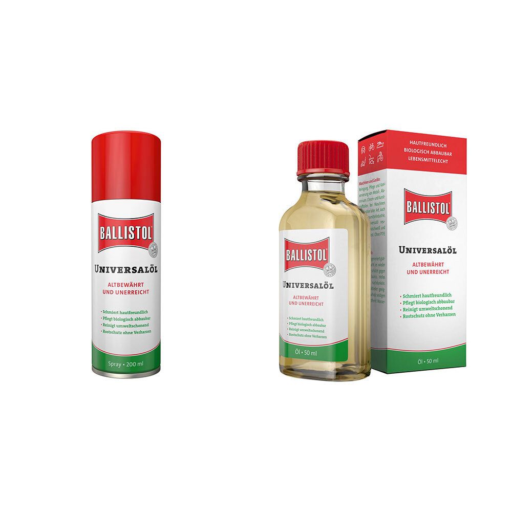 BALLISTOL® Universalöl und Spray. Flasche und Spraydose mit roter Kappe. Verpackung mit Produktnamen und Logo.