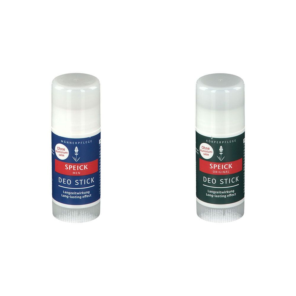 Deux sticks déodorants. Les deux ont un couvercle blanc et une forme cylindrique. L'étiquette indique "SPEICK DEO STICK".
