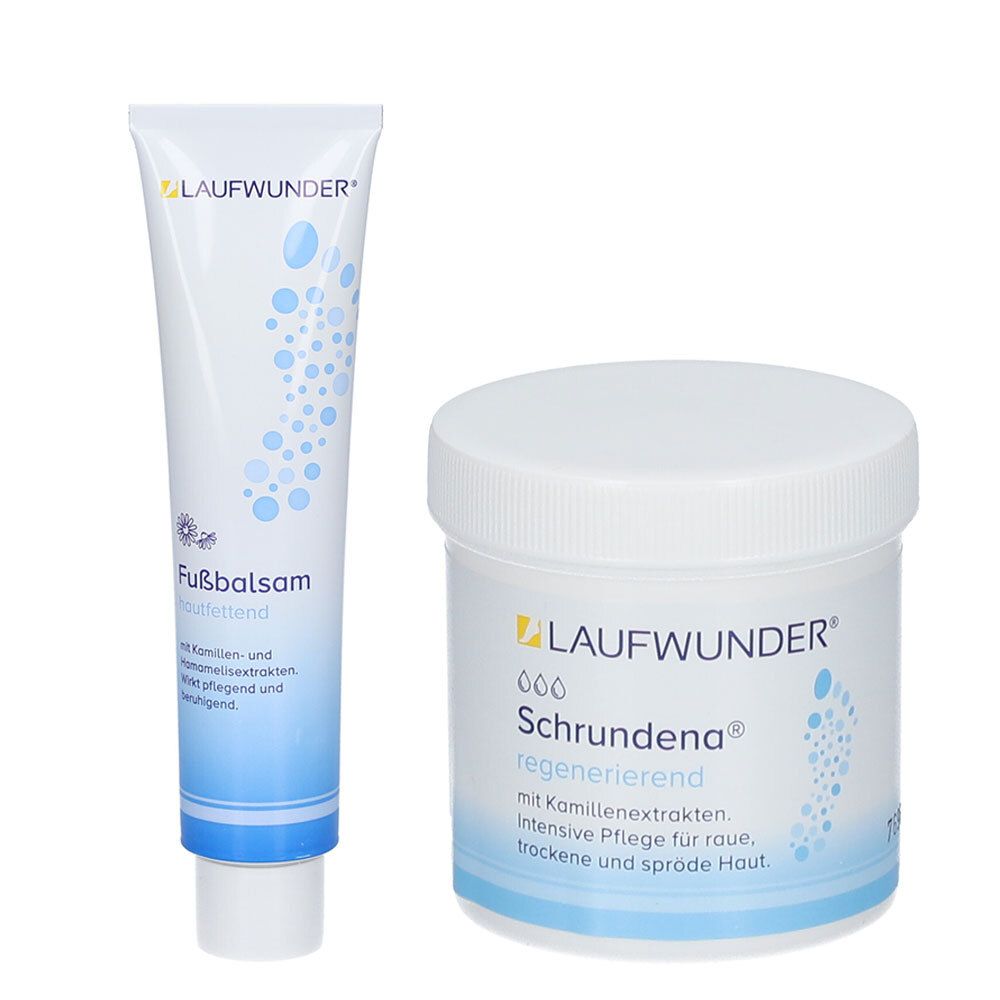 Zwei Produkte: Tube und Tiegel. Auf der Tube steht 'Fußbalsam'. Auf dem Tiegel steht 'Schrundena'. Beide haben den Markennamen 'LAUFWUNDER'.