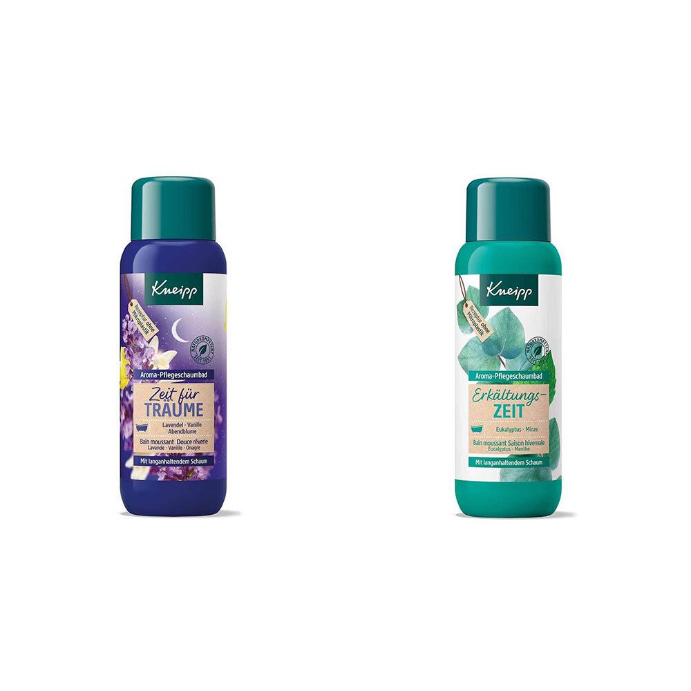 Zwei Flaschen Kneipp® Aroma-Pflegeschaumbad. Links: blau, "Zeit für Träume". Rechts: grün, "Erkältungszeit". Beide mit grünen Deckeln.