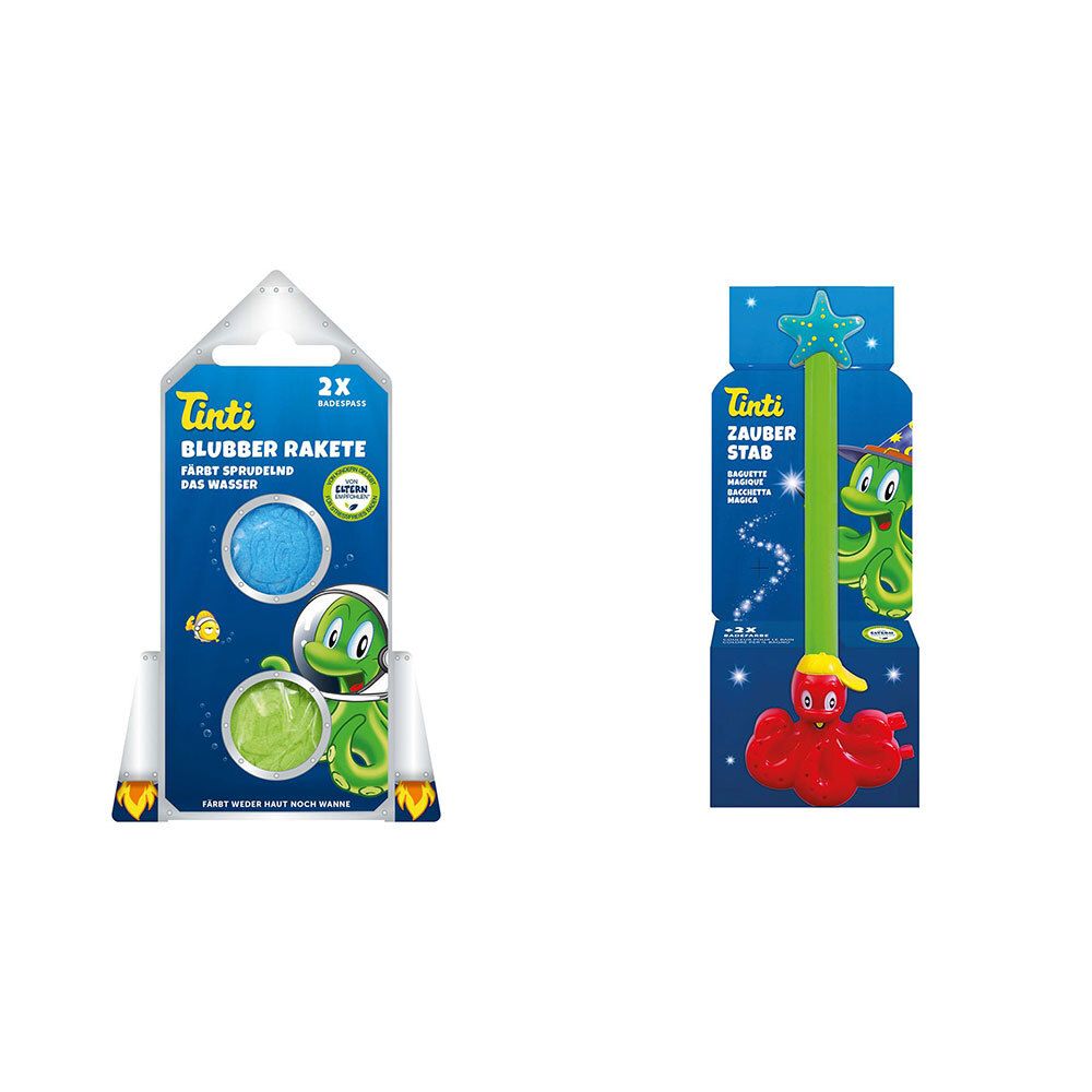 Zwei Tinti-Badeartikel-Verpackungen. Links: Blubber Rakete, blau und grün. Rechts: Zauberstab, grün mit Stern und rotem Oktopus.