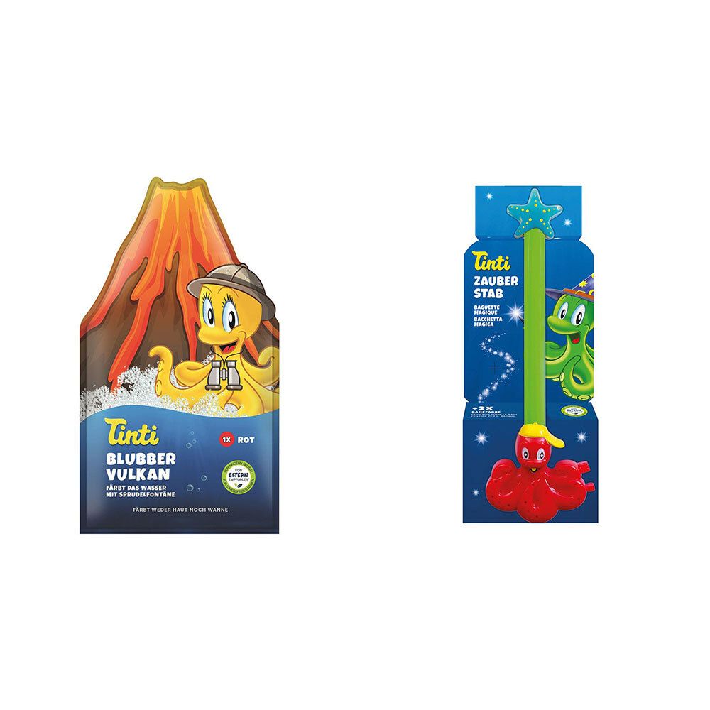 Emballage avec motif volcan et poulpe jaune. Texte : Tinti Blubber Vulkan. Avec fonction pétillante. Logo vert.