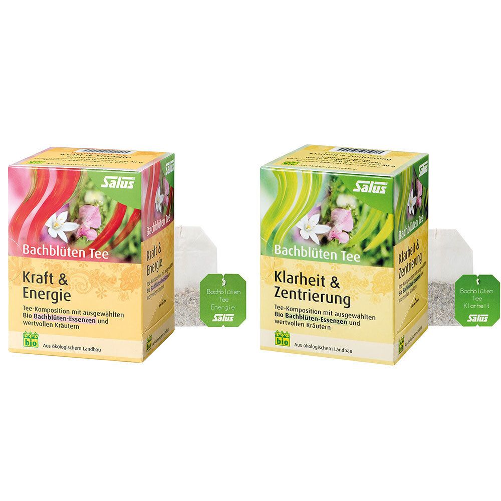 Zwei Kartons Salus® Bachblüten-Tee. Links: Kraft & Energie. Rechts: Klarheit & Zentrierung. Beide mit Teebeuteln.