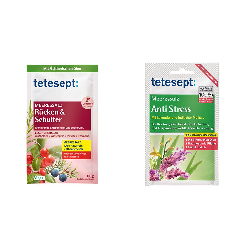 Zwei Packungen tetesept Meeressalz. Links: Rücken & Schulter, mit Pflanzenabbildung. Rechts: Anti Stress, mit Lavendel. Beide mit Logo und Text.