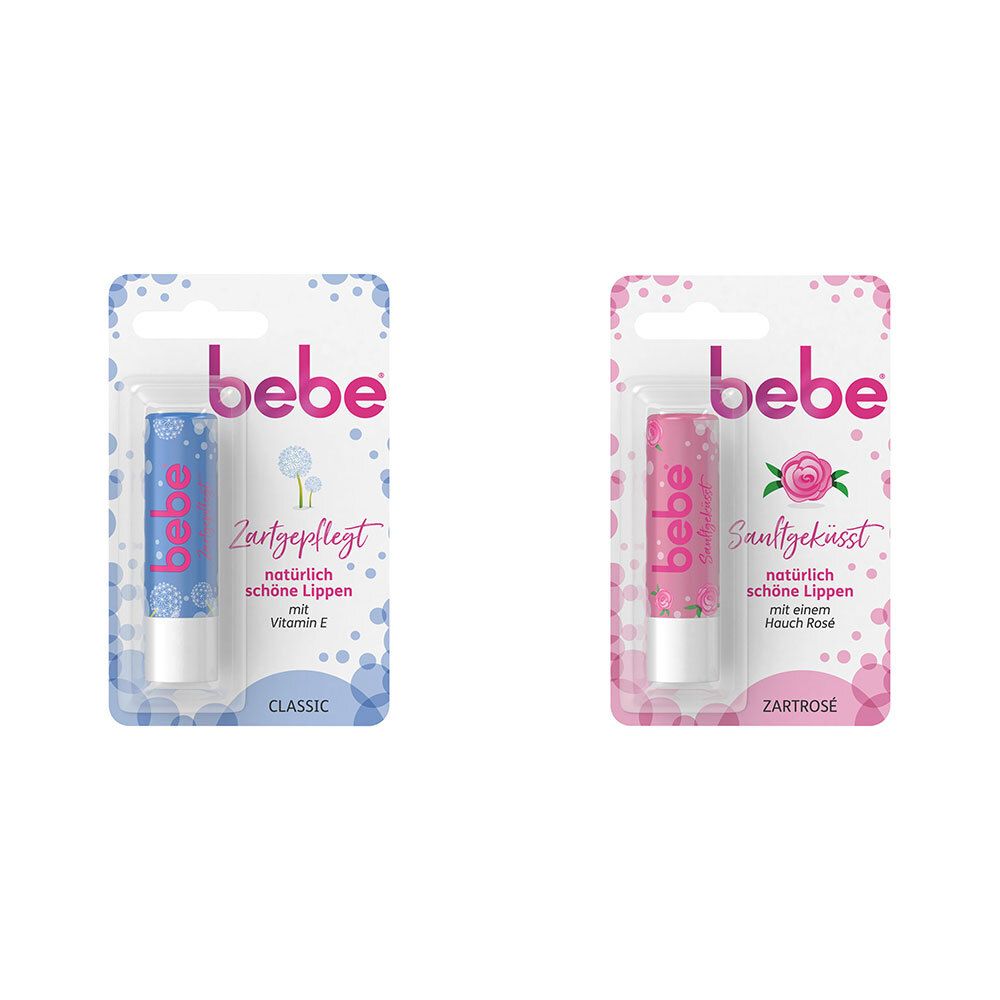 Zwei Lippenpflegestifte in Blisterverpackung. Links: blau, Classic. Rechts: rosa, Zartrose. Beide mit bebe-Logo und Produktnamen.