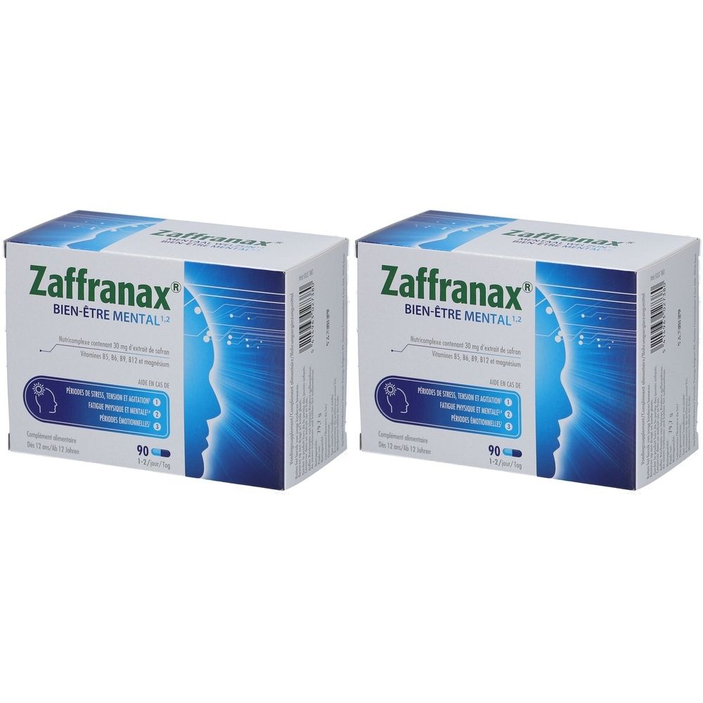 Zwei Schachteln Zaffranax. Aufschrift: Bien-être mental. Blaue und weiße Verpackung mit Profil einer Person. Enthält 90 Tabletten.