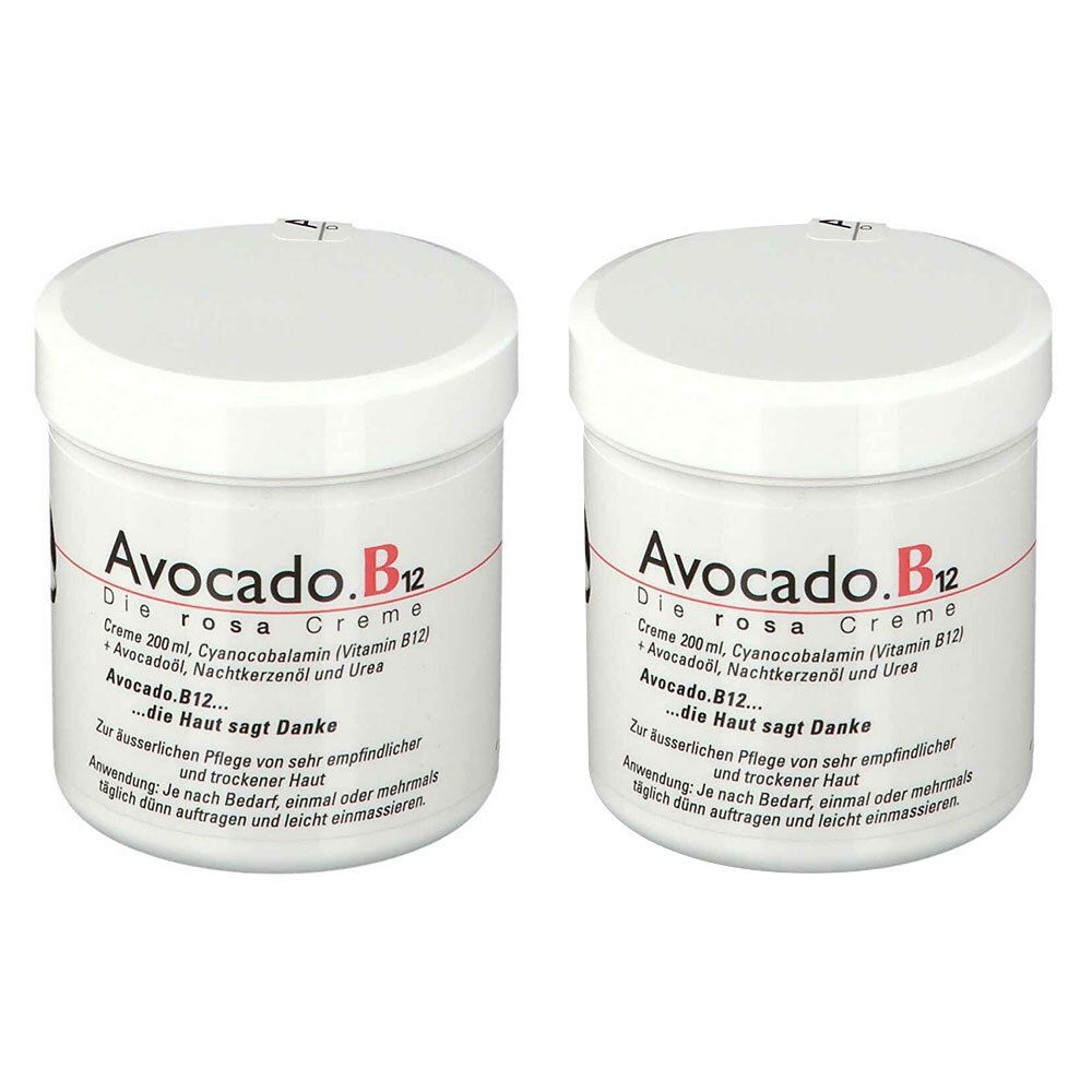 Zwei weiße Cremetiegel mit Deckel. Aufschrift: Avocado.B12 Die rosa Creme. Enthält Cyanocobalamin (Vitamin B12). Für empfindliche und trockene Haut.