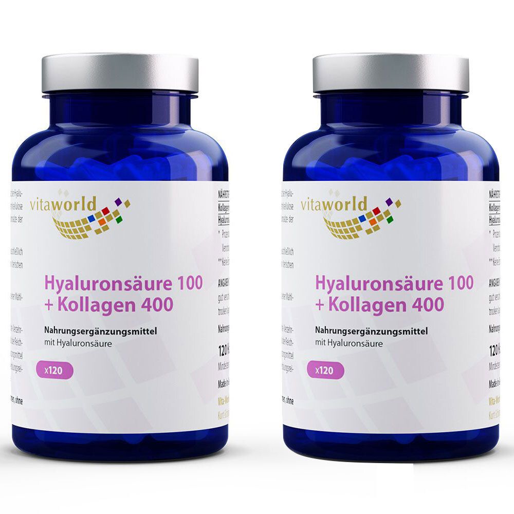 Zwei blaue Flaschen mit silbernen Deckeln. Auf den Etiketten steht "Hyaluronsäure 100 + Kollagen 400" und "vitaworld".