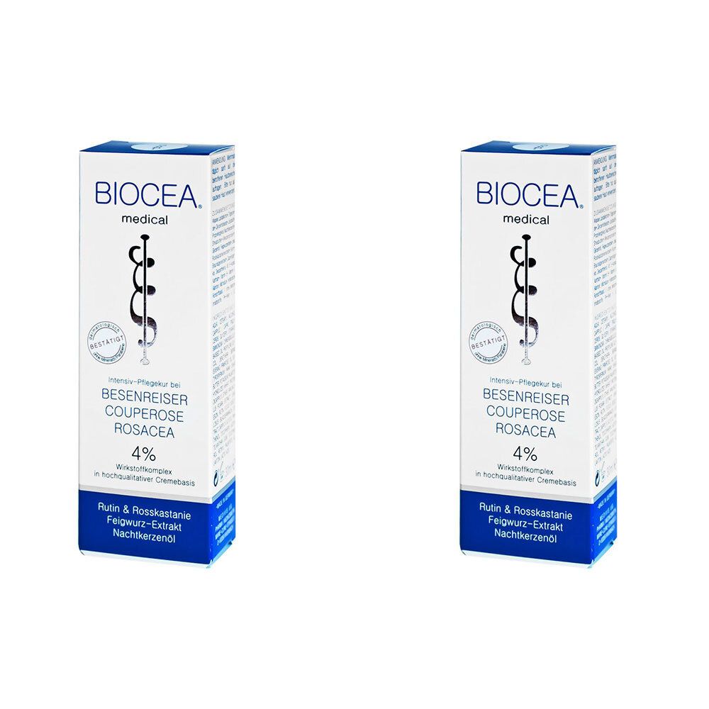 Deux boîtes blanches avec texte bleu. Inscription: BIOCEA medical, Besenreiser Couperose Rosacea, 4%.