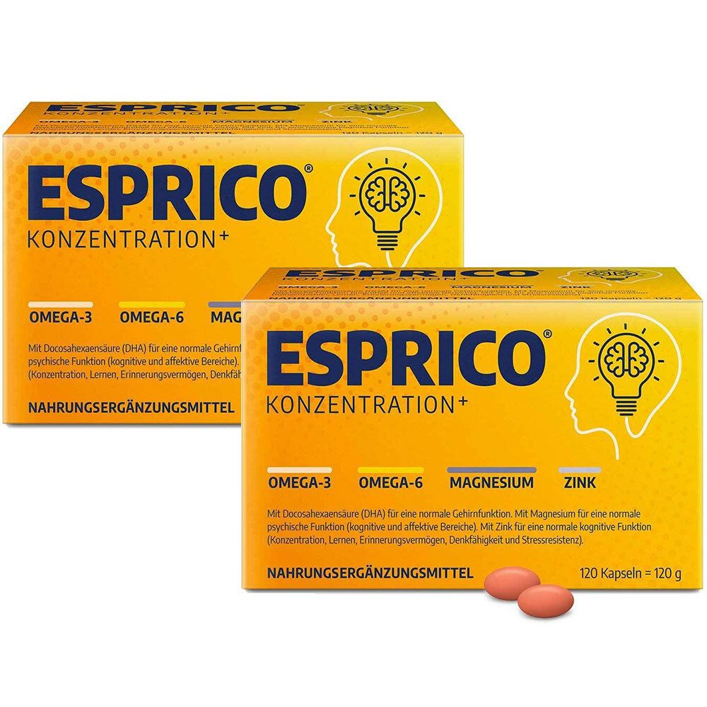 Zwei Schachteln Esprico® Kaukapseln. Gelbe Verpackung mit Produktnamen und Inhaltsstoffen. Zwei Kapseln liegen daneben.