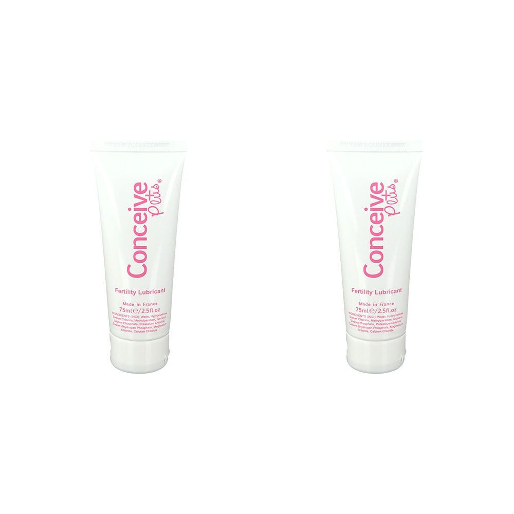 Zwei Tuben Conceive Plus® Fruchtbarkeitsgleitmittel. Weiß, mit rosa Schrift. Aufschrift: Conceive Plus®, Fertility Lubricant.
