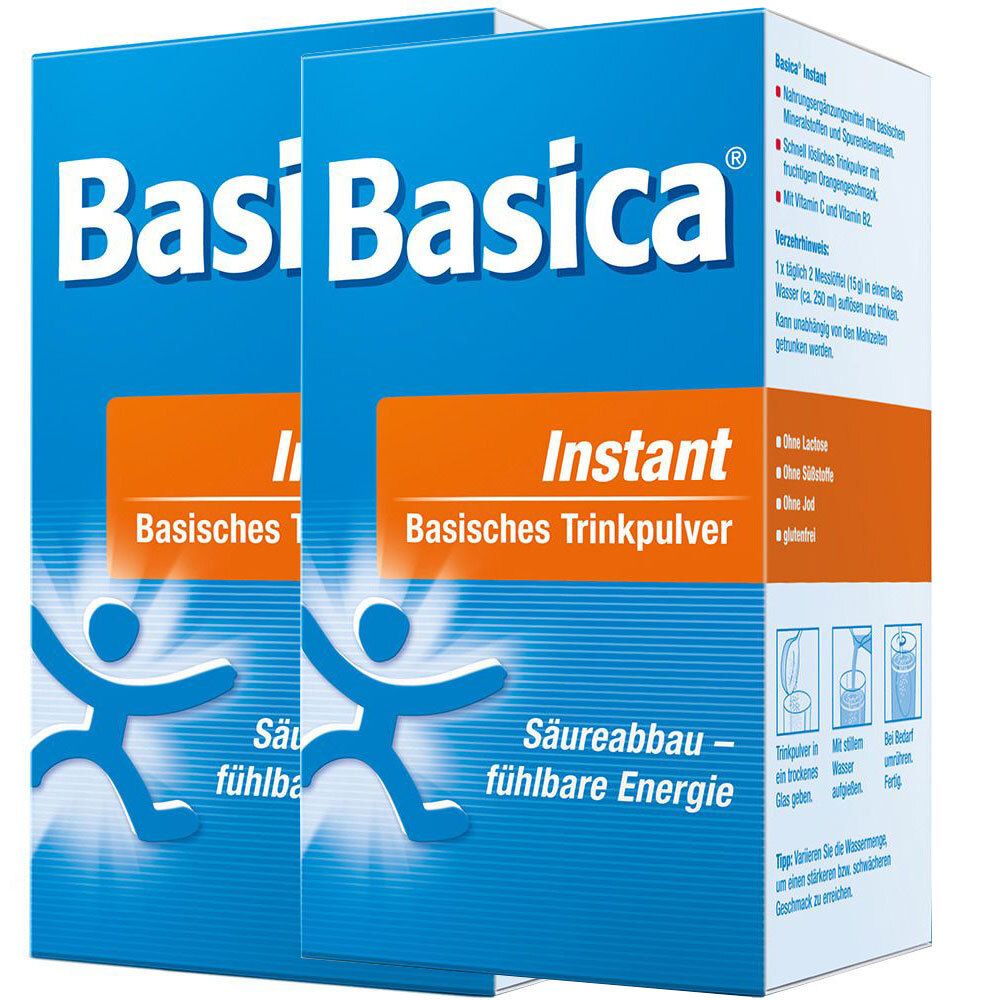 Zwei blaue Kartons mit weißer Schrift. Oben steht "Basi Basica", darunter "Instant Basisches Trinkpulver".