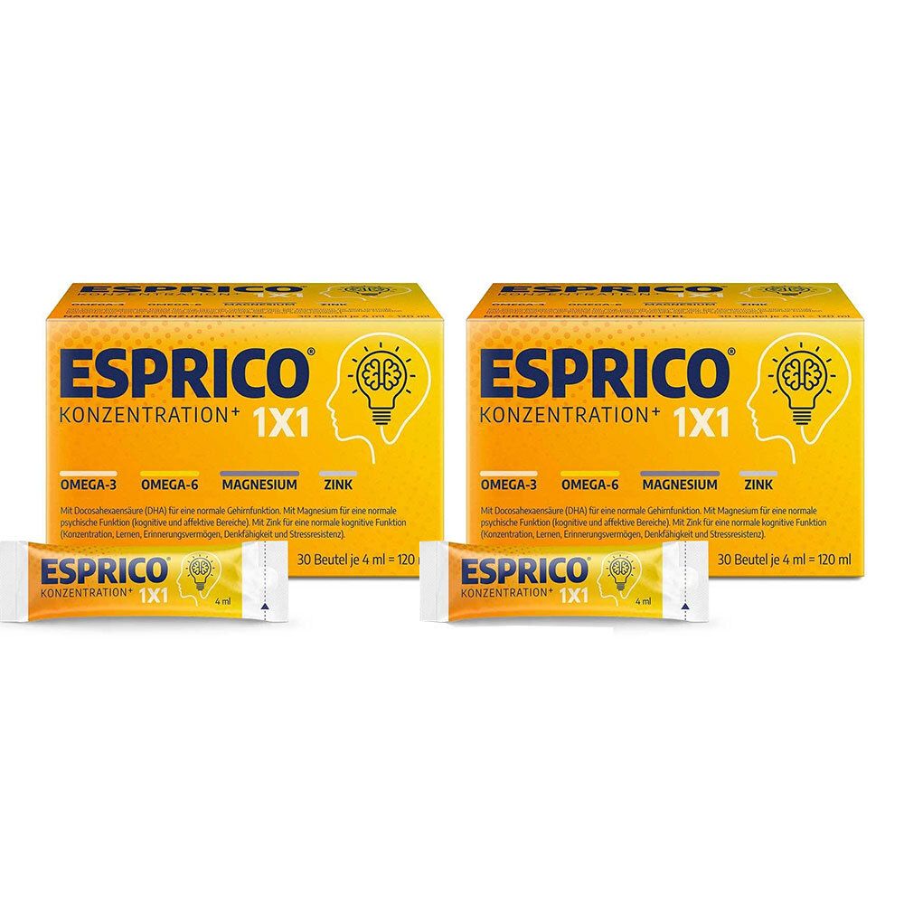 Zwei Schachteln und zwei Beutel Esprico® 1x1. Aufdruck: Konzentration, Omega-3, Omega-6, Magnesium, Zink. Gelbe Verpackung.
