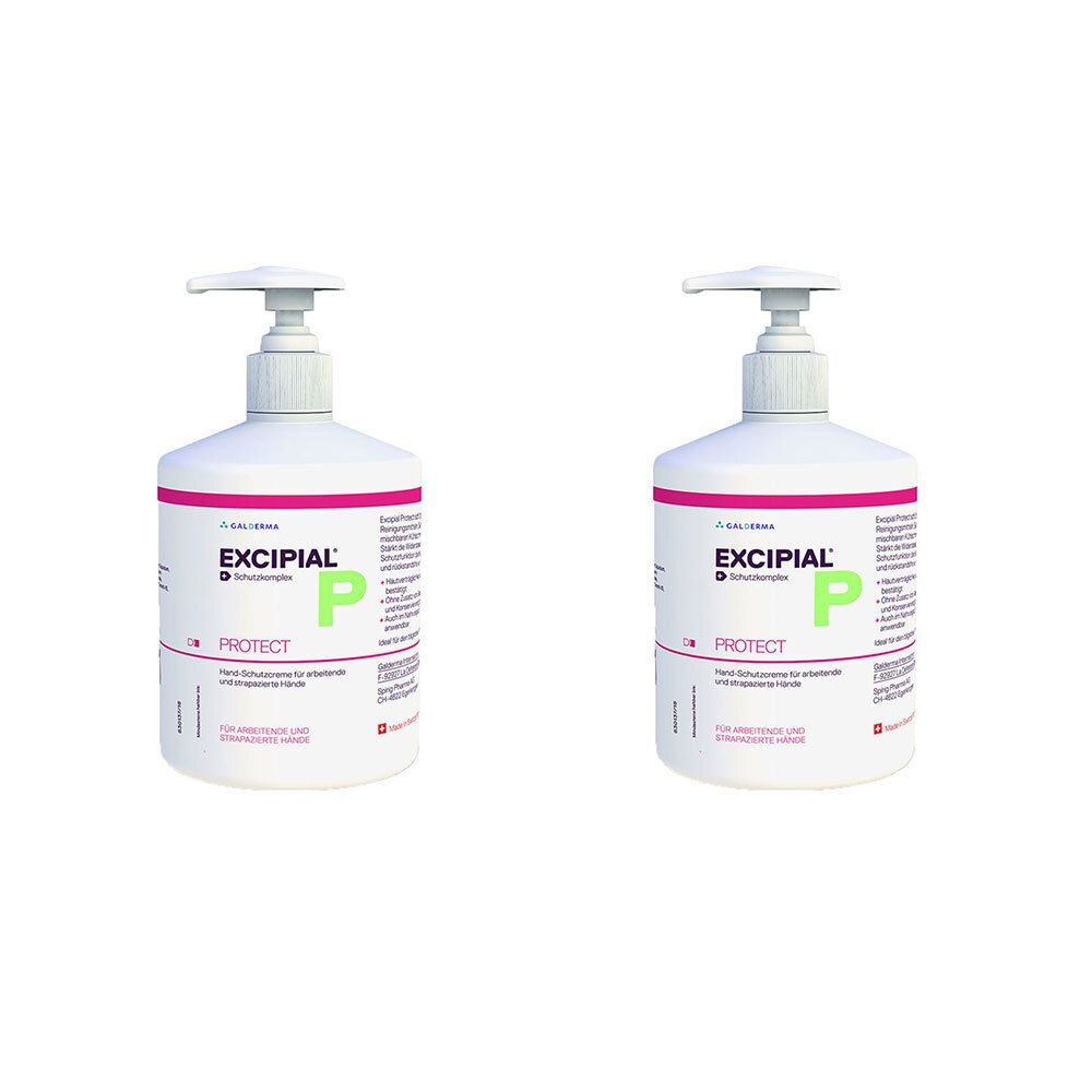 Deux flacons blancs avec pompe. Inscription EXCIPIAL PROTECT. Accents roses et verts. Crème protectrice pour les mains.