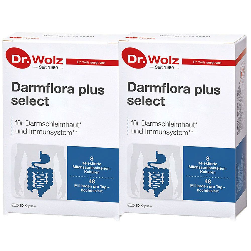 Zwei weiße Kartons mit "Darmflora plus select" und "Dr. Wolz"-Logo. Aufdrucke: 8 Milchsäurebakterien-Kulturen, 48 Milliarden pro Tag.