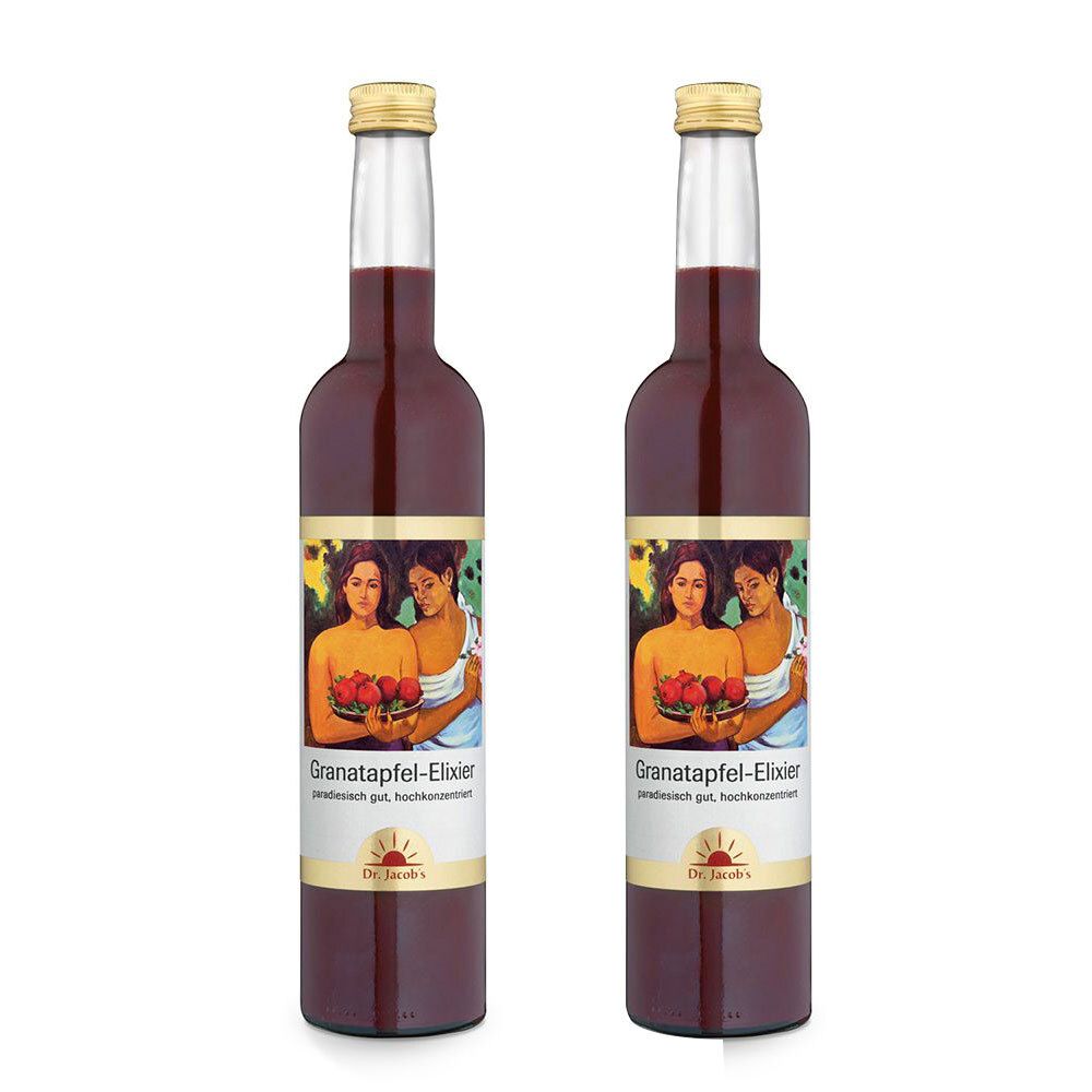 Deux bouteilles de liquide rouge. Étiquette avec femmes et texte: Granatapfel-Elixier, Dr. Jacobs.
