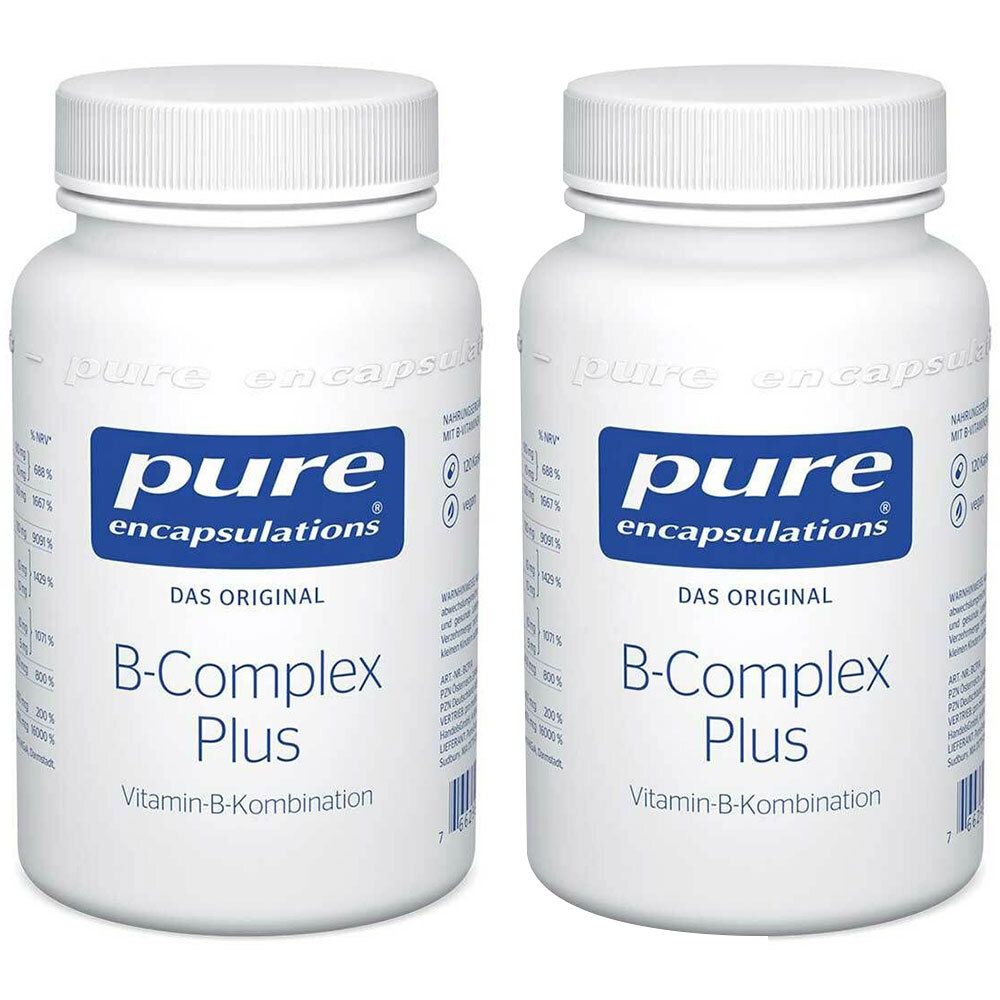 Zwei weiße Flaschen mit blauem Etikett. Aufschrift: Pure Encapsulations B-Complex Plus. Vitamin-B-Kombination.