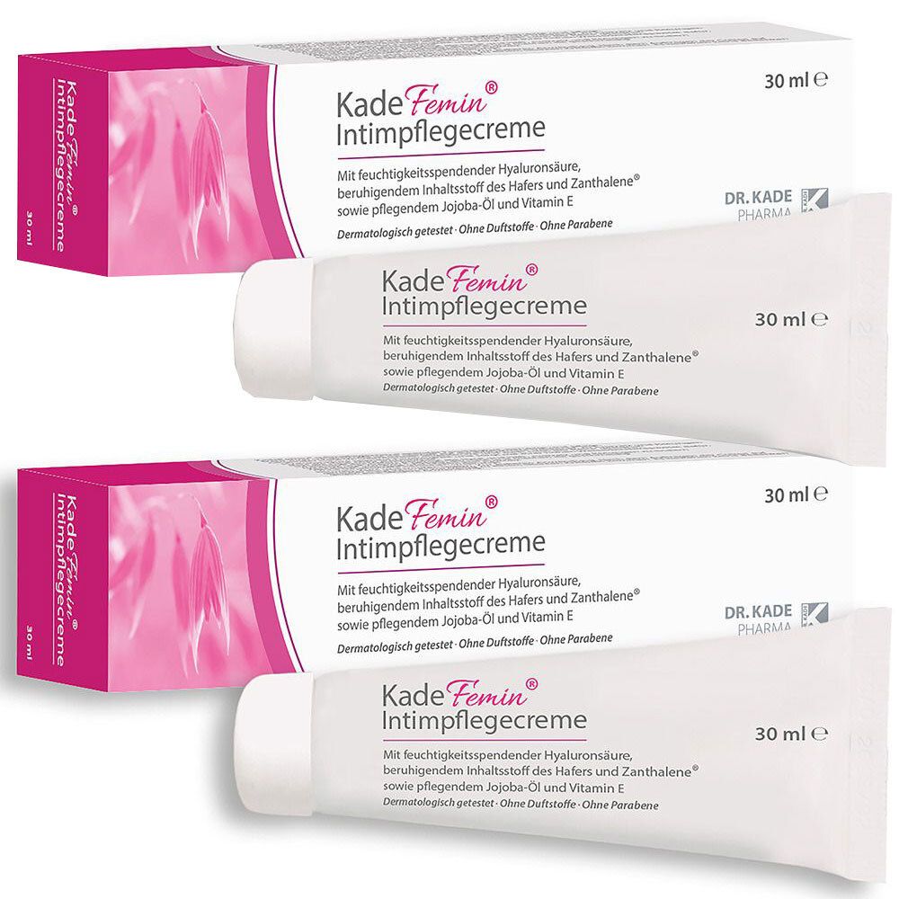 Zwei Tuben und zwei Schachteln KadeFemin Intimpflegecreme. Aufschrift: 30 ml e. Dr. Kade Pharma.