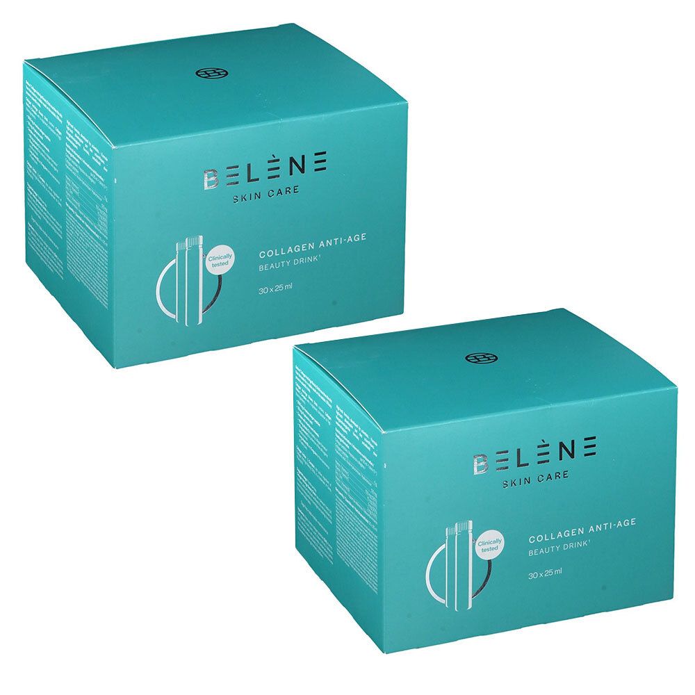 Zwei türkisfarbene Kartons. Aufschrift: BELÈNE Skin Care, Collagen Anti-Age Beauty Drink. Logo mit stilisierten Linien und Tropfen.