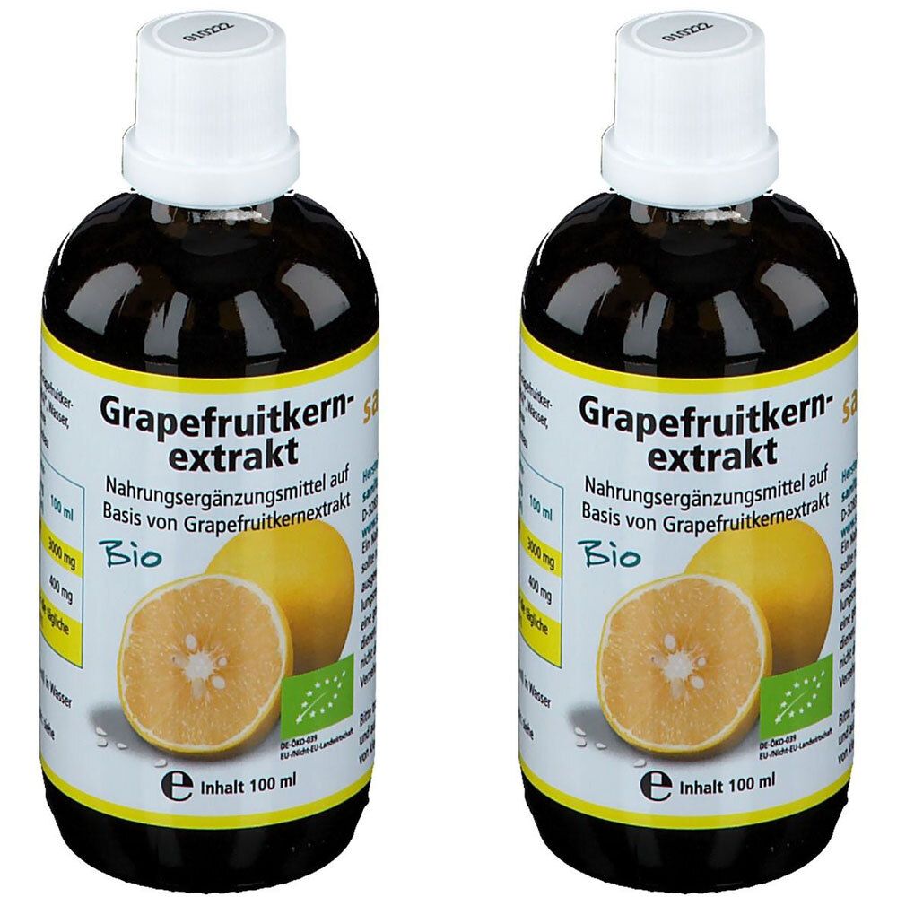 Zwei Flaschen mit Grapefruitkernextrakt. Aufschrift: Nahrungsergänzungsmittel, Bio. Abbildung einer Grapefruit. Inhalt 100 ml.
