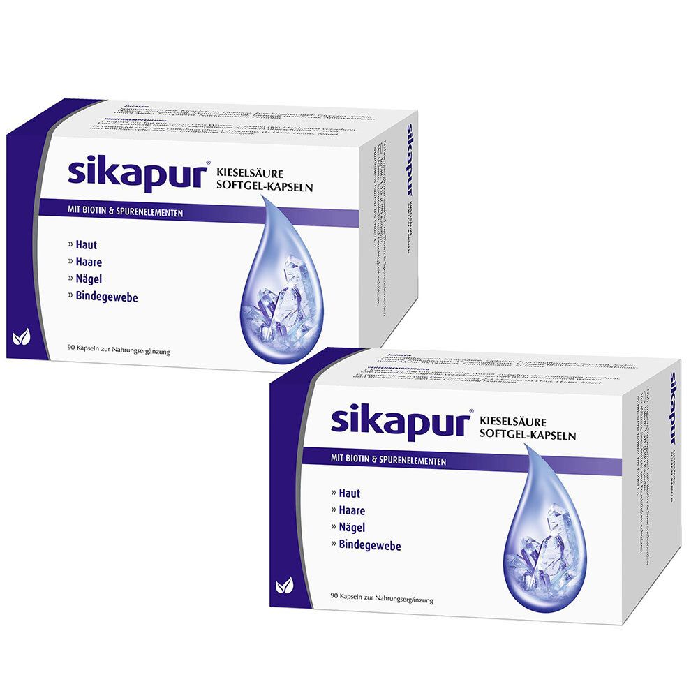 Zwei weiße Schachteln mit dem Produktnamen sikapur. Auf der Vorderseite sind eine blaue Träne und Produktinformationen abgebildet.