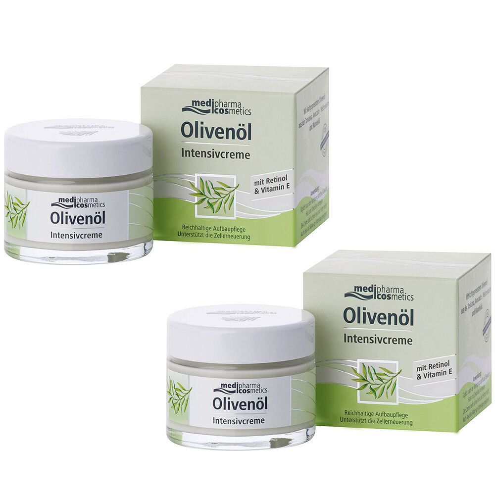 Creme-Tiegel und Karton. Aufschrift Olivenöl Intensivcreme. Mit Retinol & Vitamin E. Grün-weißes Design.