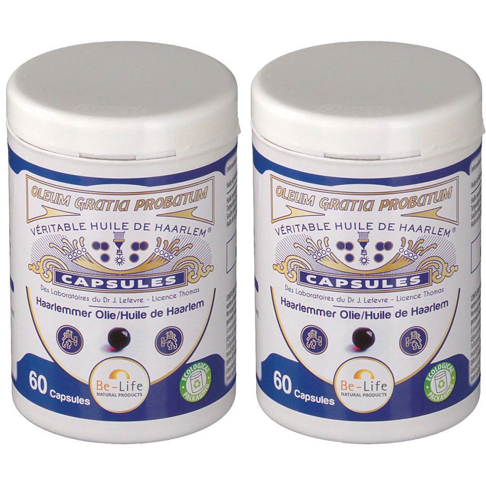 Deux boîtes blanches avec étiquettes bleues. Inscription: VÉRITABLE HUILE DE HAARLEM, CAPSULES, 60 Capsules. Marque: Be-Life.